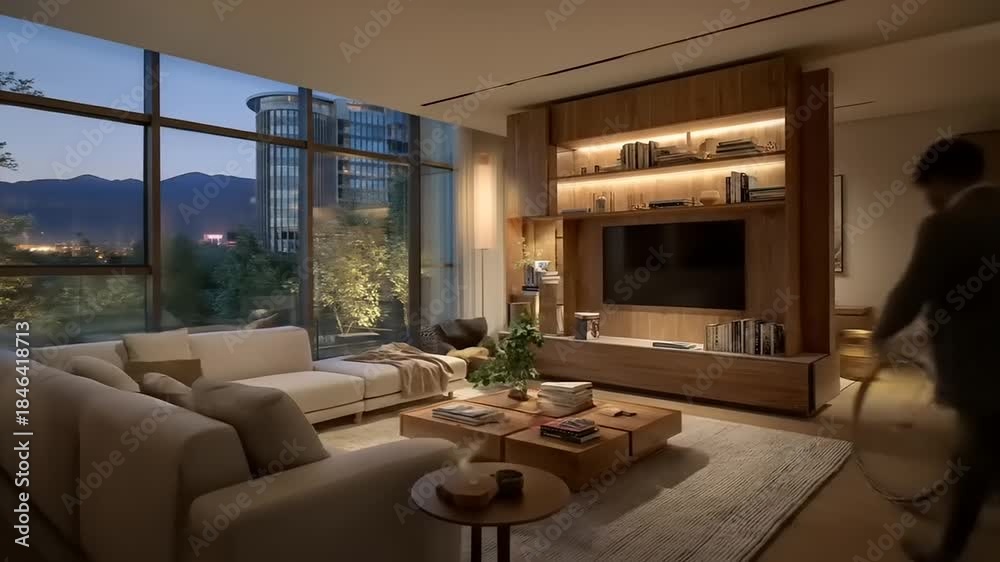 custom made wallpaper toronto digitalModern living room interior with large windows and wooden furniture
