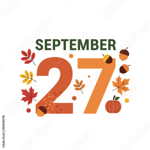Colorful autumnal September twenty-seventh graphic with decorative fall leaves, acorns, and a charming pumpkin, perfectly capturing the essence of