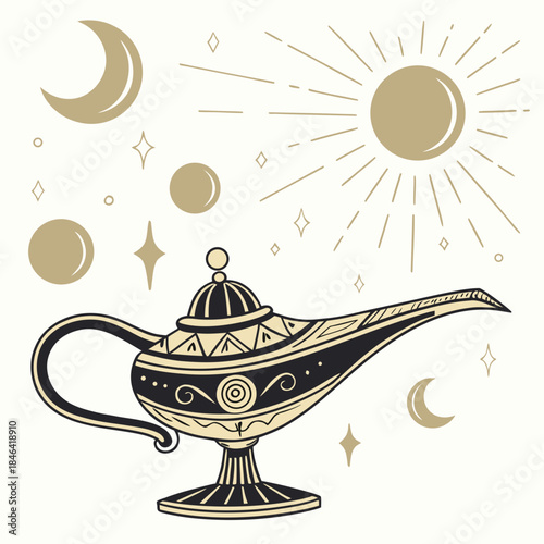 Golden lamp with celestial bodies and cosmic style highlights 1