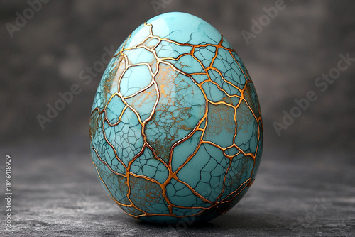 Turquoise egg with intricate design and golden details Generative AI