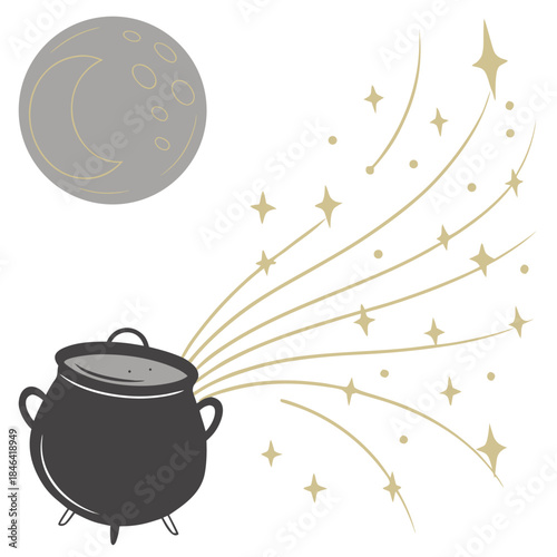 Grey moon with gold sparkles from cauldron magic witchcraft