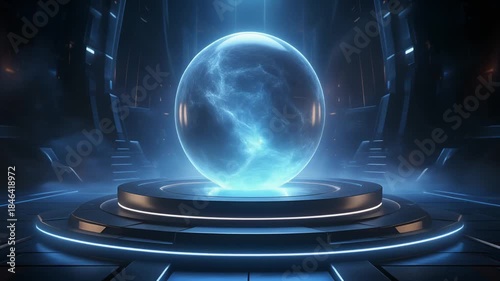 Multiple glowing blue energy spheres rest on futuristic circular platforms in a dark, high-tech sci-fi chamber illuminated by vibrant blue light.