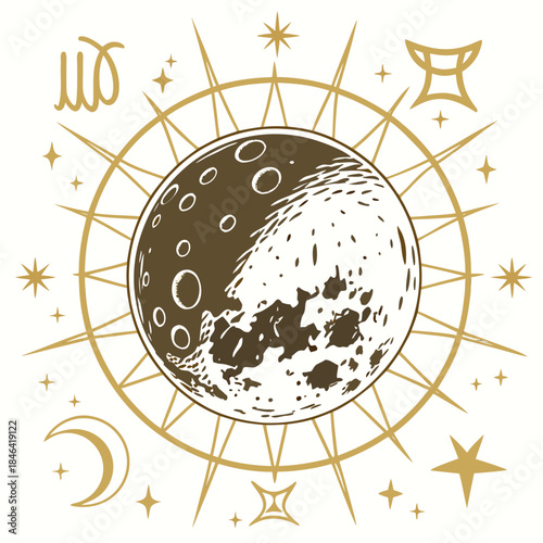 Golden moon phase surrounded by astrology symbols and stars 1