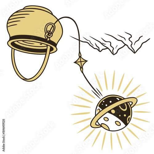 Golden pot with radiant aura connected to small planet 1