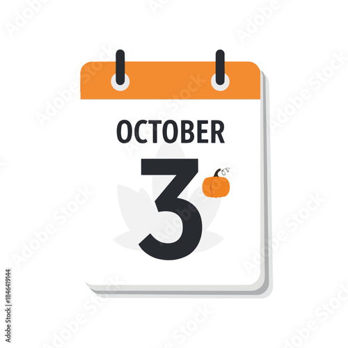 Vibrant calendar icon showcasing October third, adorned with a small pumpkin, symbolizing the early autumn season and festive fall event