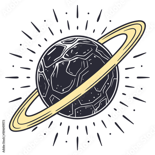 Dark stone planet intersected by bright golden ring 1