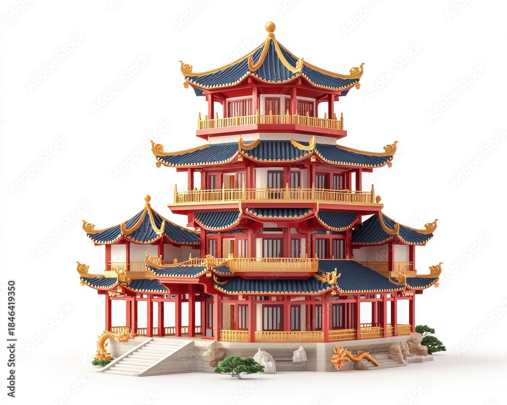 Obraz premium Intricate 3D pagoda on a white backdrop with red, gold and dark blue features