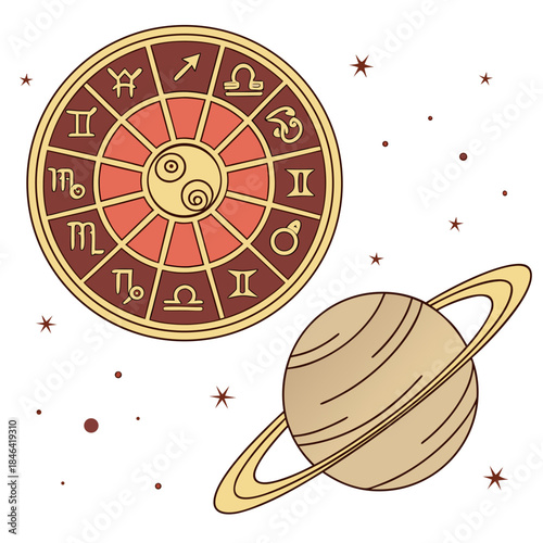 Glowing astrology wheel with zodiac signs and planet 1