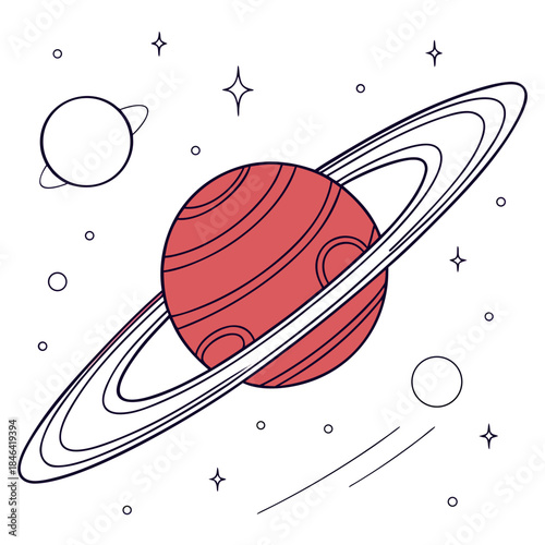 Red planet with ring system and moons in space ringed planet