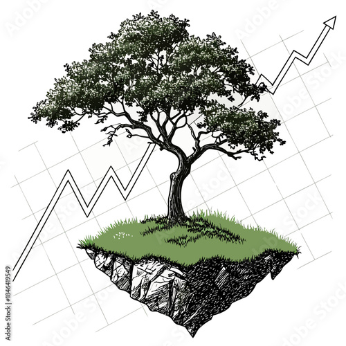 Tree growing on floating graph island white background 2