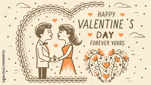 A romantic couple touching noses inside heart shape on valentine's day with flowers and clouds