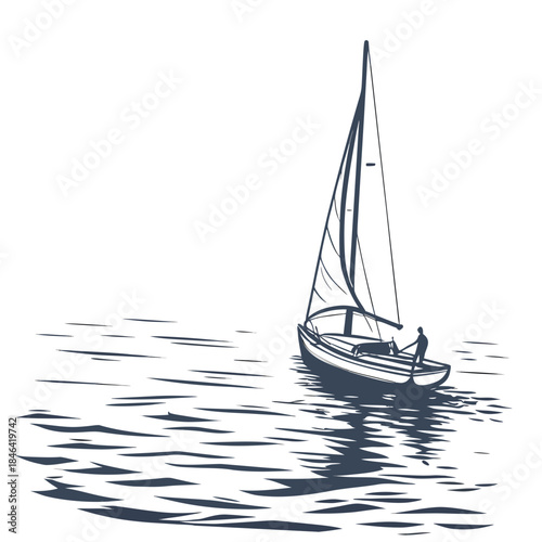 Monochromatic sailboat on calm ocean waters with subtle reflection