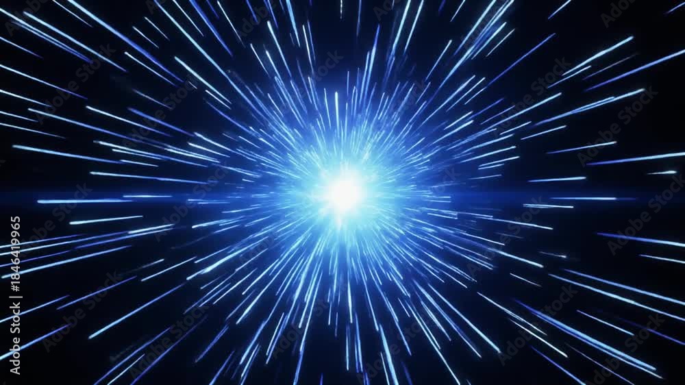 Bright blue light streaks emanate rapidly from a central glowing point ...