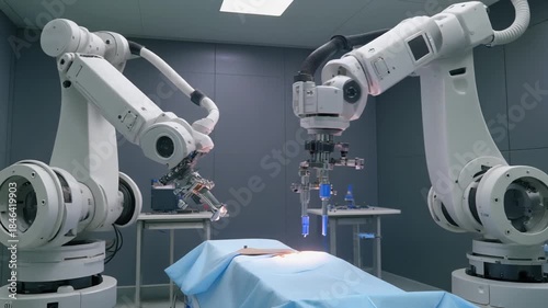 Robotic arms performing intricate surgery in a sterile operating room environment with advanced medical technology and precision instruments.