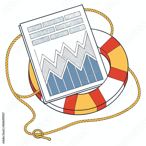 Life buoy ring around financial chart on white background
