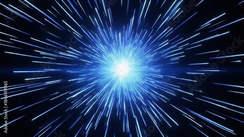 Bright blue light streaks emanate rapidly from a central glowing point, creating a dynamic, abstract effect of speed or futuristic travel against a dark background.