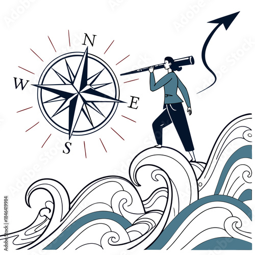Woman standing on turbulent sea waves holding compass and telescope