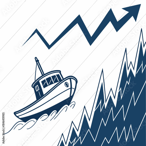 Boat sailing over giant stock chart with rising arrow