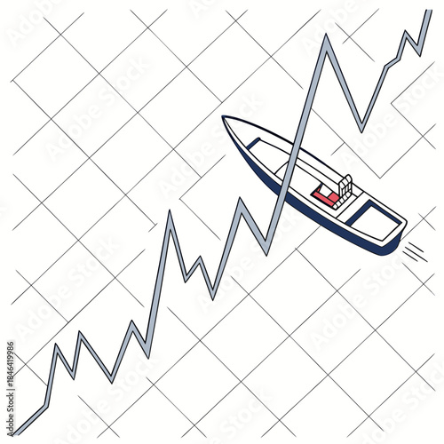 Boat sailing over giant stock chart graph finance