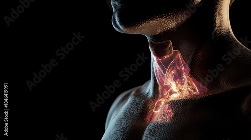 Autoimmune thyroiditis: National Geographic-style medical documentary image of autoimmune thyroiditis, detailed human neck cross-section revealing inflamed thyroid gland