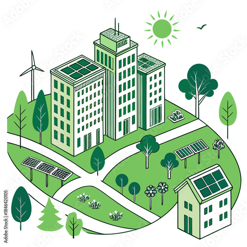 Eco city with solar rooftops and wind turbine green buildings