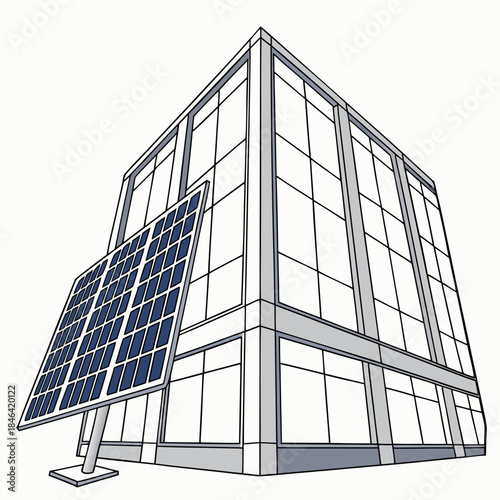 Solar panel on side of glass office building exterior
