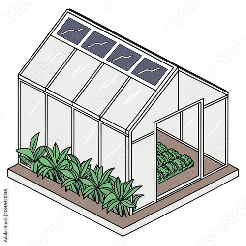 Solar covered greenhouse with plants on white background