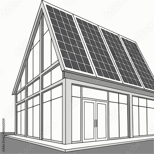 Solar panel roof on modern house with large windows