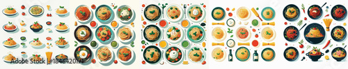 Vibrant illustrations of diverse Asian cuisine, top-down. Capturing global culinary traditions and delicious dining experiences for menus and content