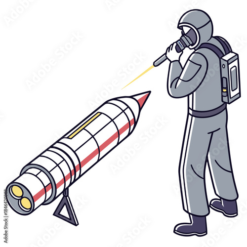 Astronaut scanning rocket body with laser sensor space suit