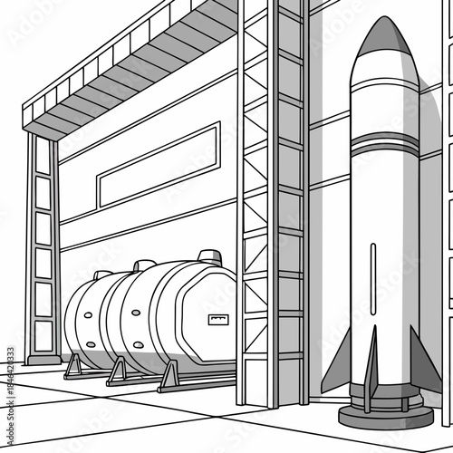Futuristic warehouse storing fuel tanks and booster rocket