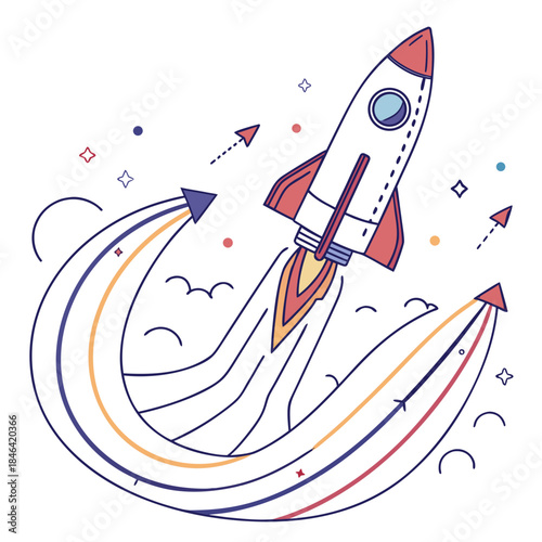Rocket ship blasting off with abstract colorful trails and stars