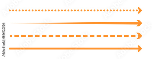 Set of orange long straight, dashed, dotted line vector arrows