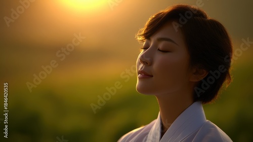 Serene woman meditating peacefully during a golden sunset outdoors