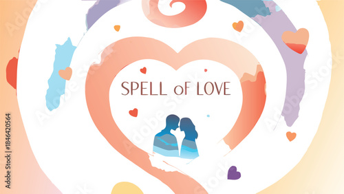 A magical spell of love heart vortex with silhouettes inside a colorful spiral, symbolizing romance and passion