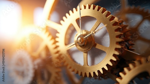 Intricate golden gears mesmerizingly rotating in warm radiant light