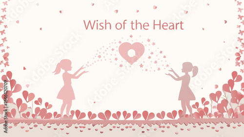 Two girls releasing a heart lantern into the sky surrounded by pink hearts and butterflies