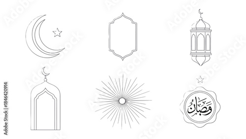 Ramadan Symbolic Set: A collection of meticulously crafted, elegant line art illustrations, each embodying the spirit and essence of the holy month of Ramadan.