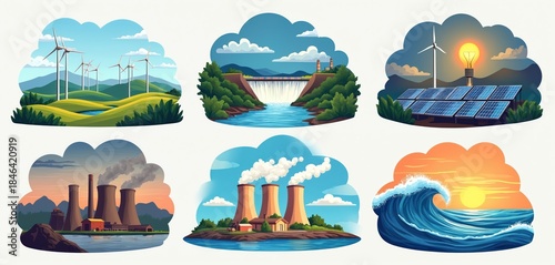 Collection displays renewable energy like wind turbines, solar panels, hydroelectric dam, and non-renewable sources including nuclear and fossil fuel plants. Ocean waves symbolize tidal power.