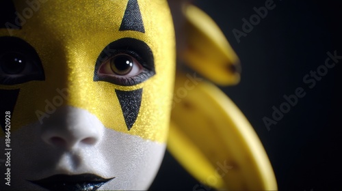 Striking yellow and black detailed mask with intense eye expression