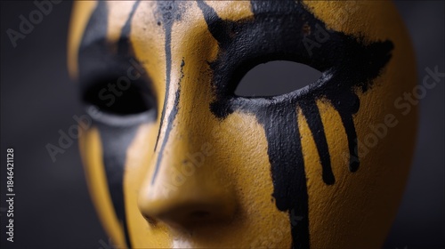 Dramatic stylized mask with black tear streaks and bold yellow face paint