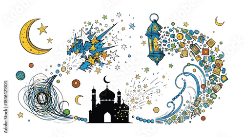Festive Ramadan Illustration: A vibrant and intricate illustration captures the spirit of Ramadan, featuring traditional elements.