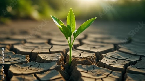 Young green sprout growing from cracked dry land, climate change and sustainability concept