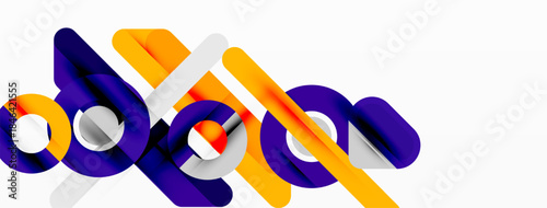 Abstract geometric shapes overlap, creating dynamic visual composition. Purple, orange, gray tones dominate design. Modern aesthetic.