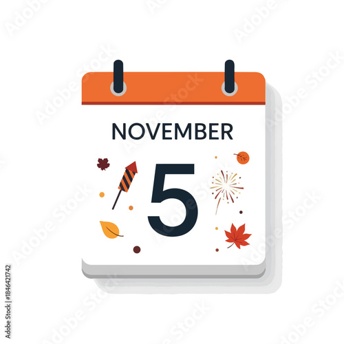 A vivid calendar page illustration marking November 5th, beautifully accented with rich autumn foliage and festive fireworks, ideal for seasonal