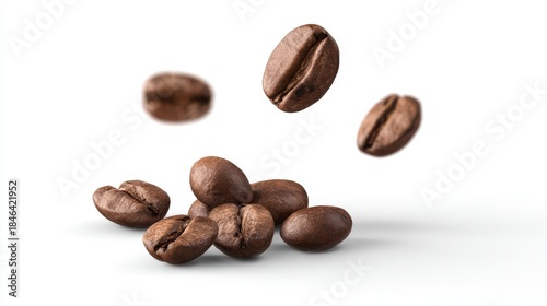 Freshly roasted coffee beans floating and clustered in mid-air