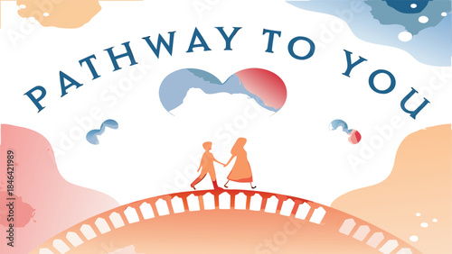 Silhouettes of a couple walking across a bridge shaped like a heart