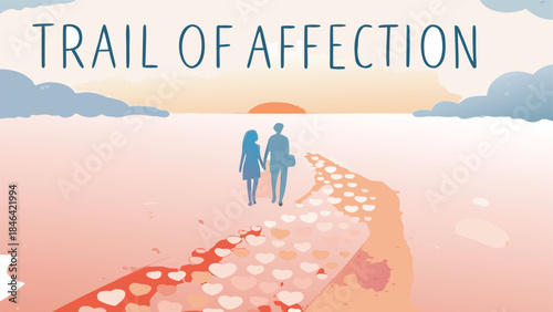 A loving couple walks hand in hand on a beautiful heart shaped path at sunset