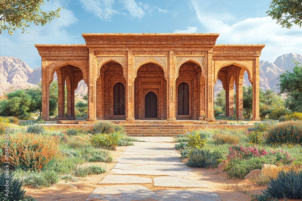 Fototapeta premium Ornate sandstone pavilion with arched openings sits in a sunny garden setting