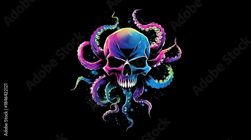 Vibrant neon octopus tentacles wrapped around a glowing psychedelic skull